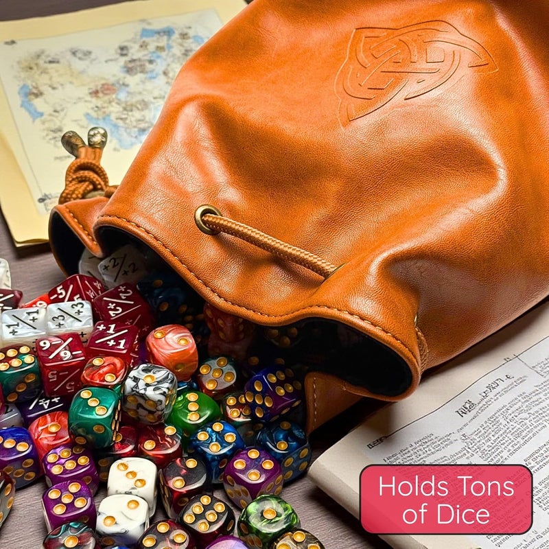 Luck Lab Dice Bag for DnD – Large Velvet-Lined PU Leather Dice Pouch w/ 4 Pockets, Embossed Design & Antique Gold Accents – Durable Dice Organizer for Tabletop RPGs & Game Accessories (Brown) - Image 4
